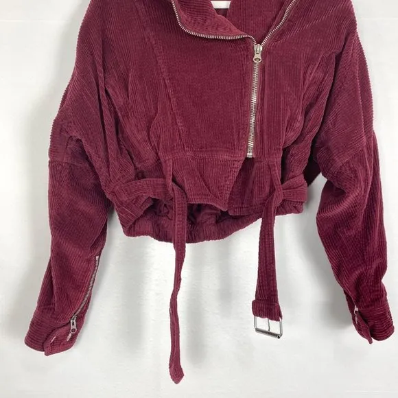 Free People Slouchy Corduroy Dolman Moto Cropped Jacket Burgundy Red Small