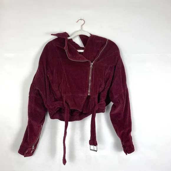 Free People Slouchy Corduroy Dolman Moto Cropped Jacket Burgundy Red Small