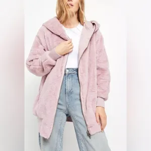 Free People Turn Up Zip Off Faux Fur Hoodie Coat Jacket Lavender Size Large