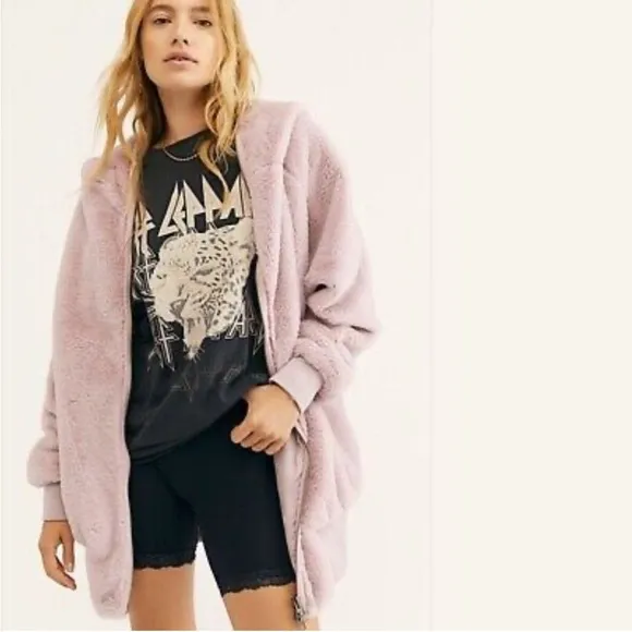 Free People Turn Up Zip Off Faux Fur Hoodie Coat Jacket Lavender Size Large