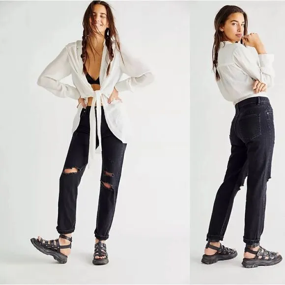 Free People × We The Free Bren Boyfriend Destroyed Jean in Black Magic, Size 24