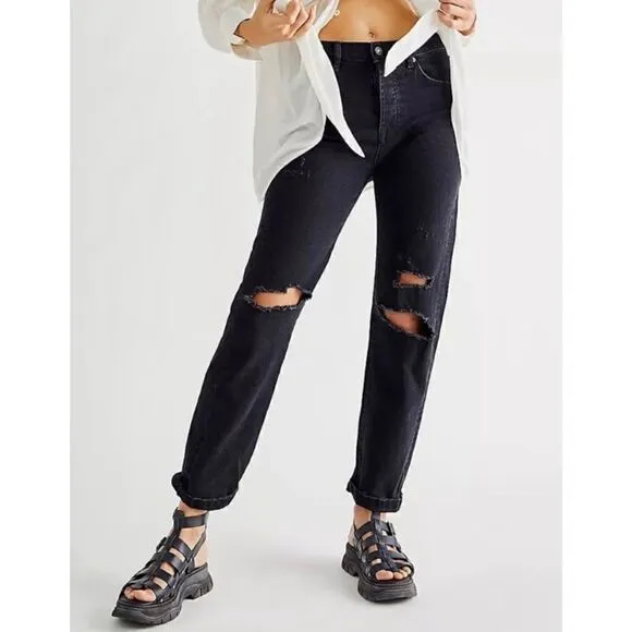 Free People × We The Free Bren Boyfriend Destroyed Jean in Black Magic, Size 24