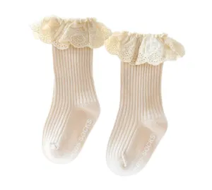 Frill Ribbed Socks - Beige