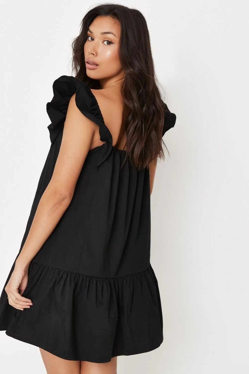 Frilled Strap Black Mini Dress
