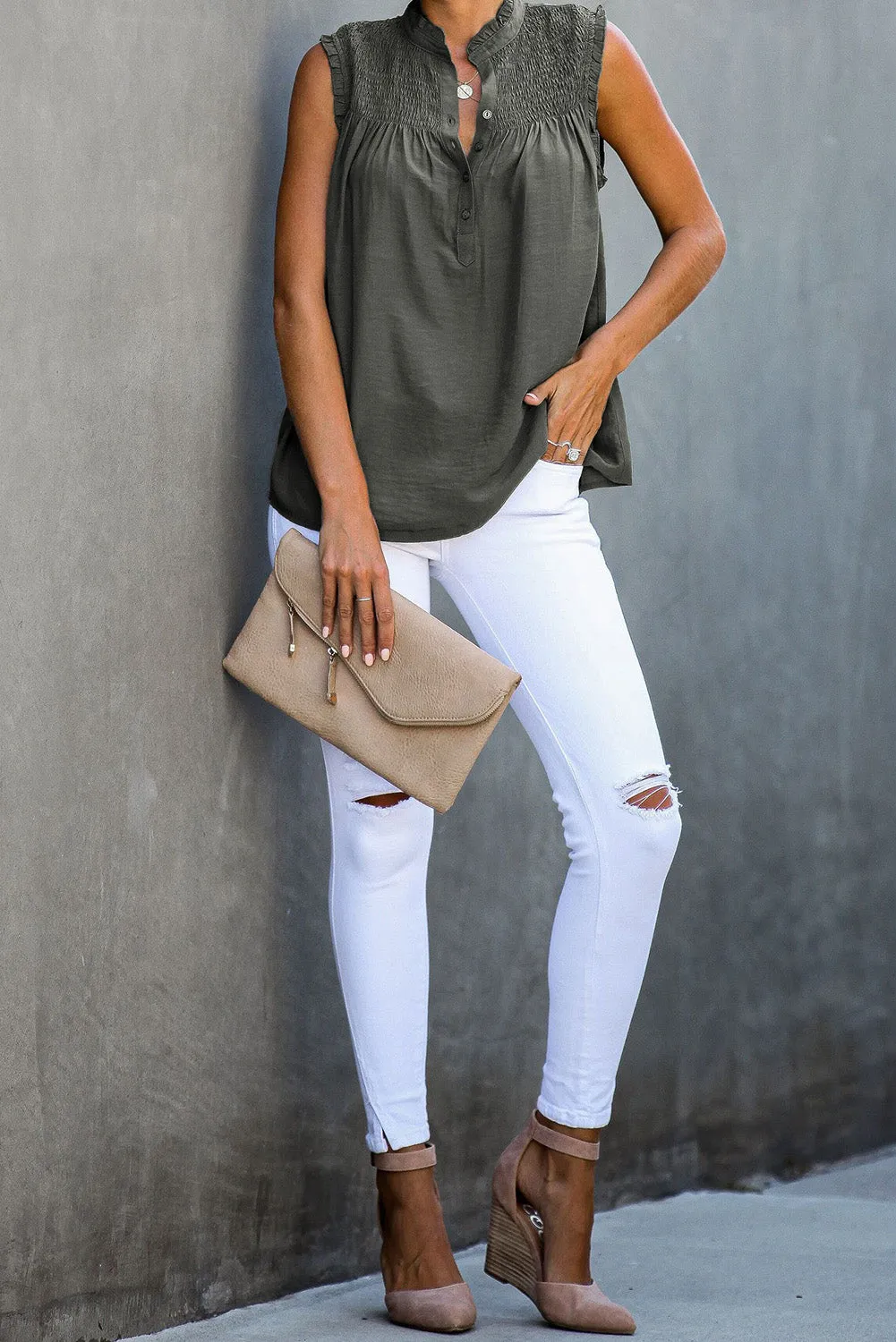 Frilled Tank Top with Buttons