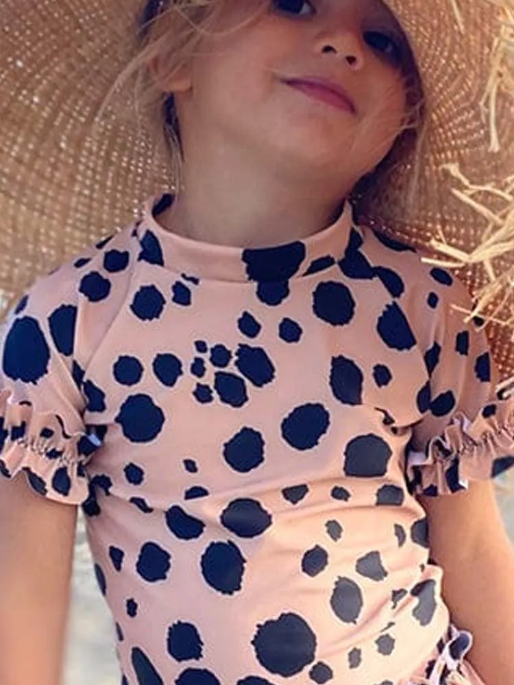 Frilled UV Swim Top  - Animal Print Sand and Black