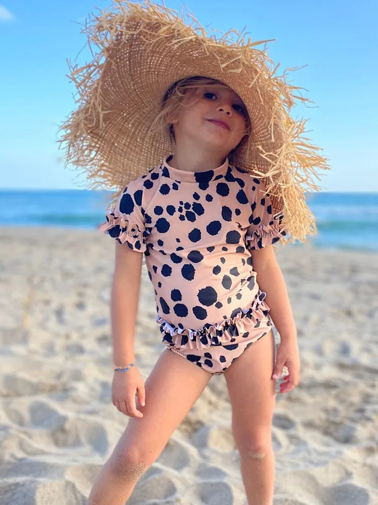 Frilled UV Swim Top  - Animal Print Sand and Black