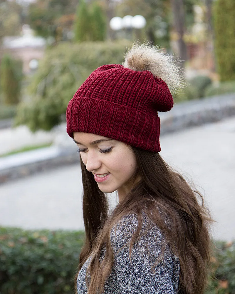 Fur Pom Pom Knit Slouchy Beanie