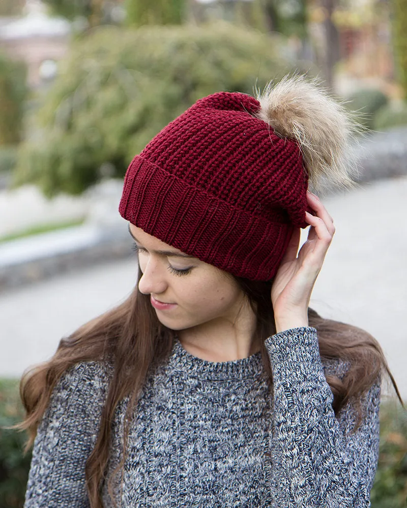 Fur Pom Pom Knit Slouchy Beanie