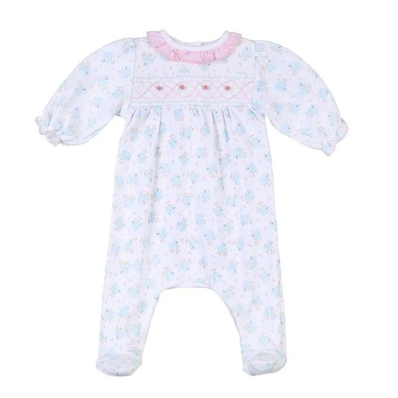 Girls Vintage Blue Bird Smocked Babygrow
