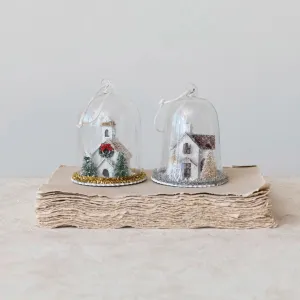 Glass Cloche Ornament w/ House & LED Light