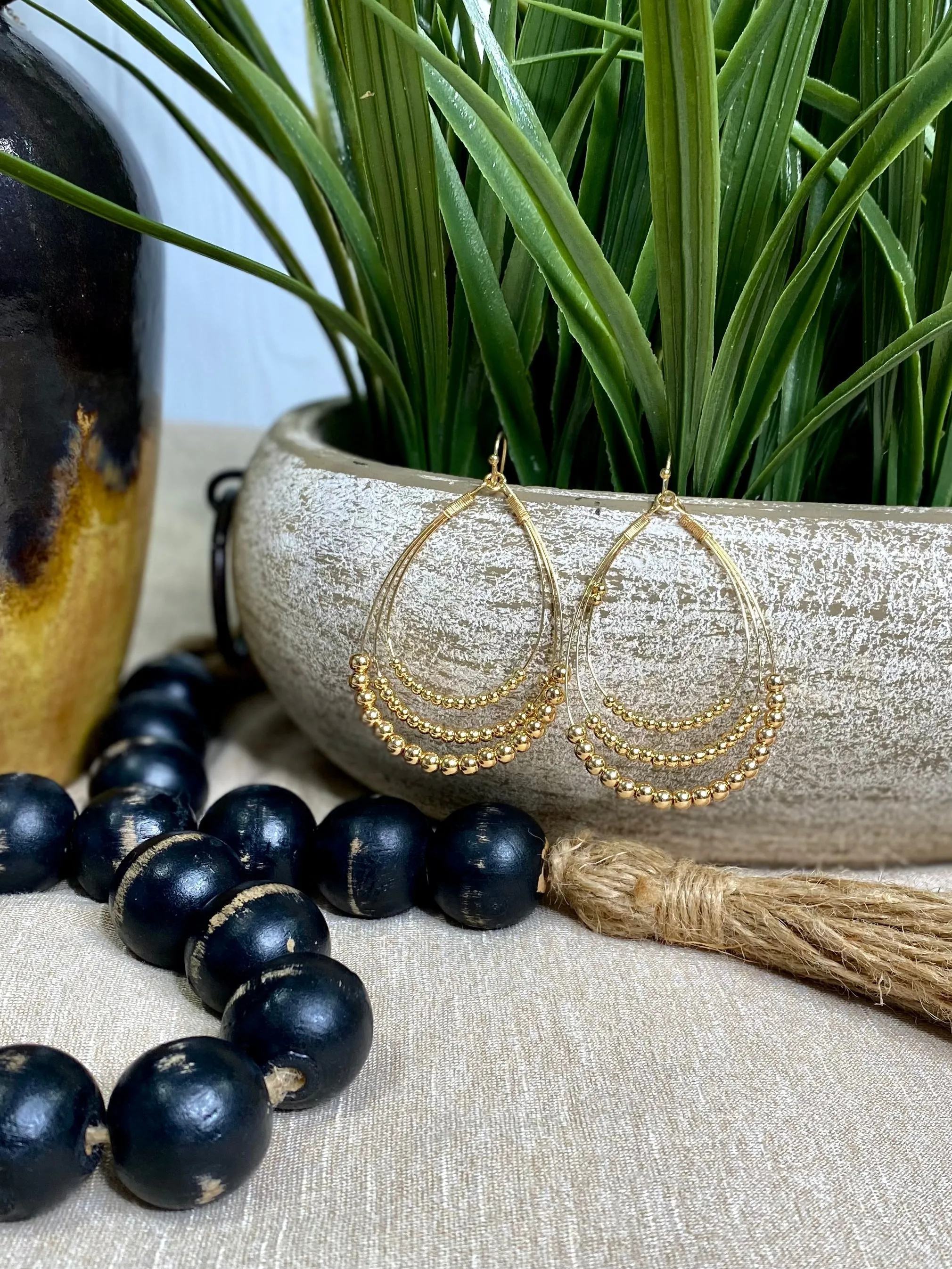 Gold Beaded Layered Teardrop Earring