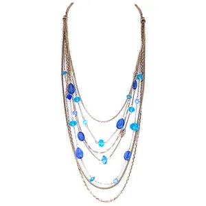 GOLD BLUE MIX BLUE MIXED BEADS GOLD LAYERED NECKLACE  #SC30660-2_G-BLUE_MIX (GB9/R-Rack M)