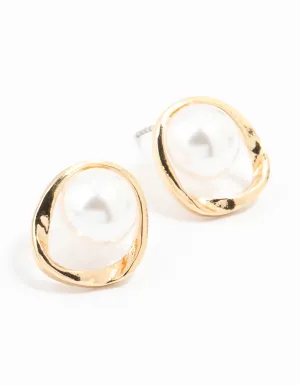 Gold Pearl Twisted Ring Stud Earrings