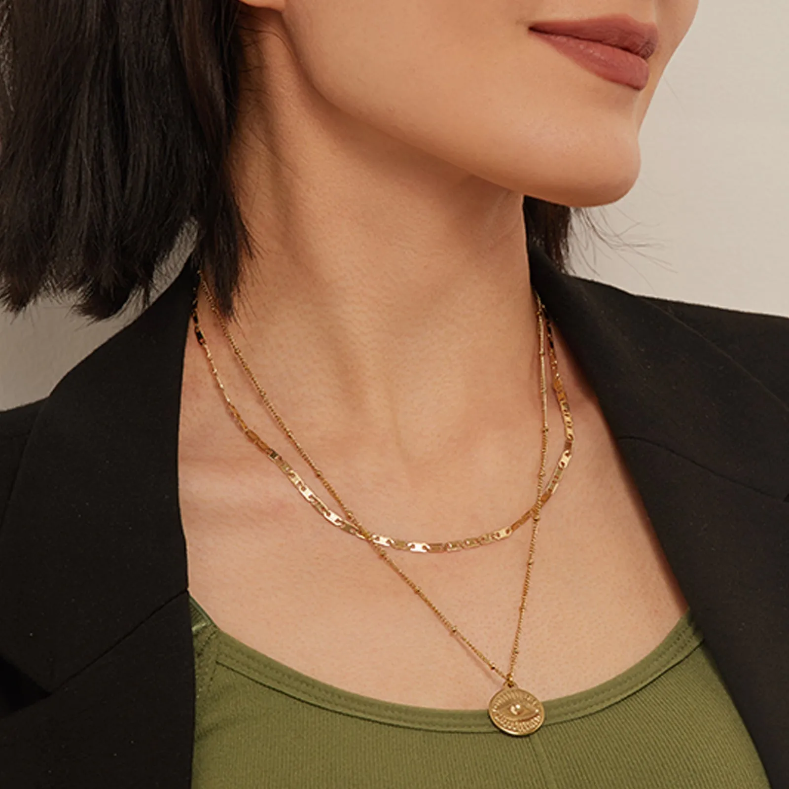 Gold Pendant Layered Chain Necklace