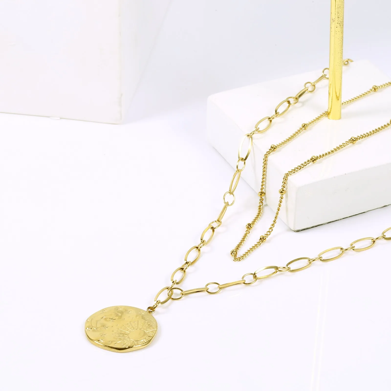 Gold Pendant Layered Chain Necklace