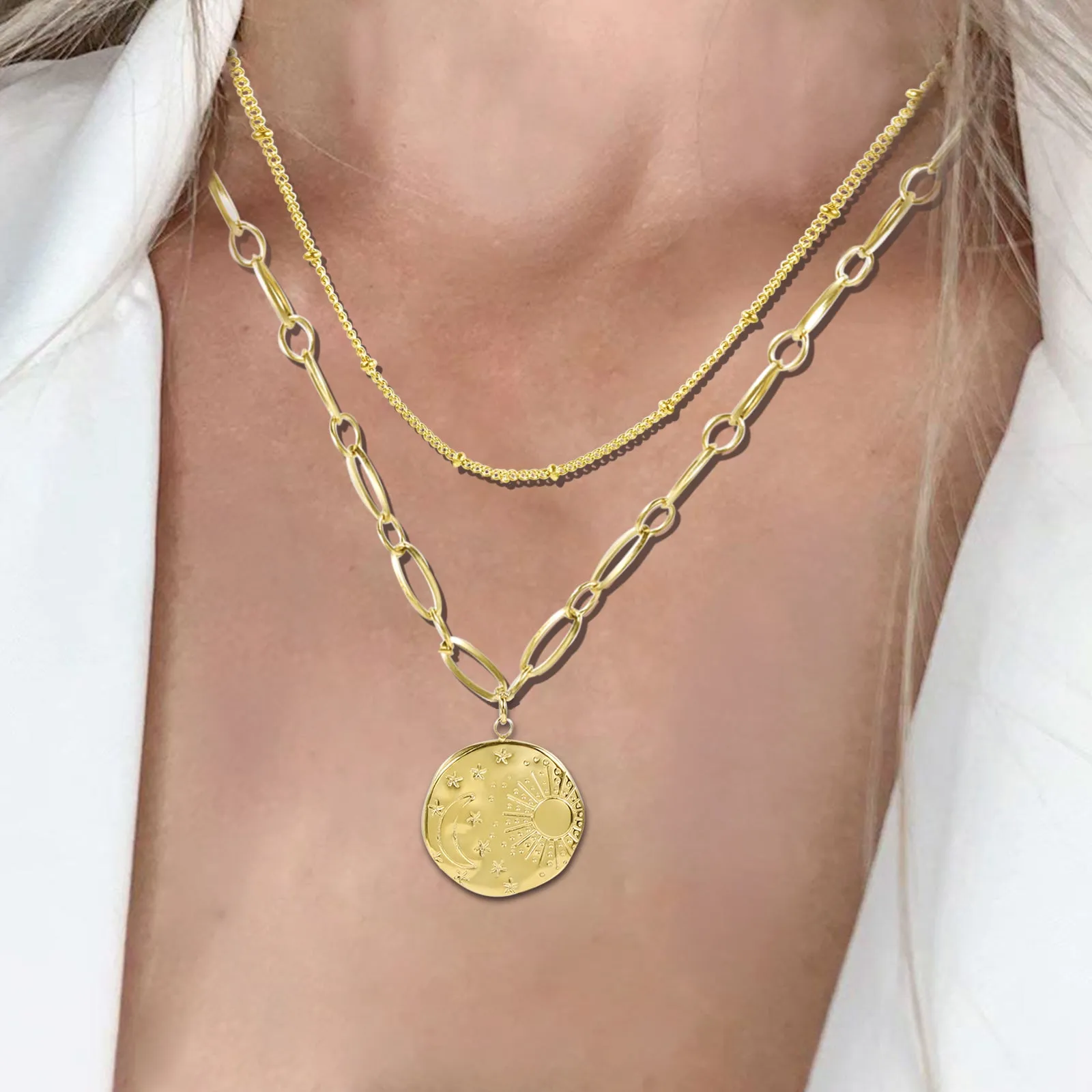 Gold Pendant Layered Chain Necklace