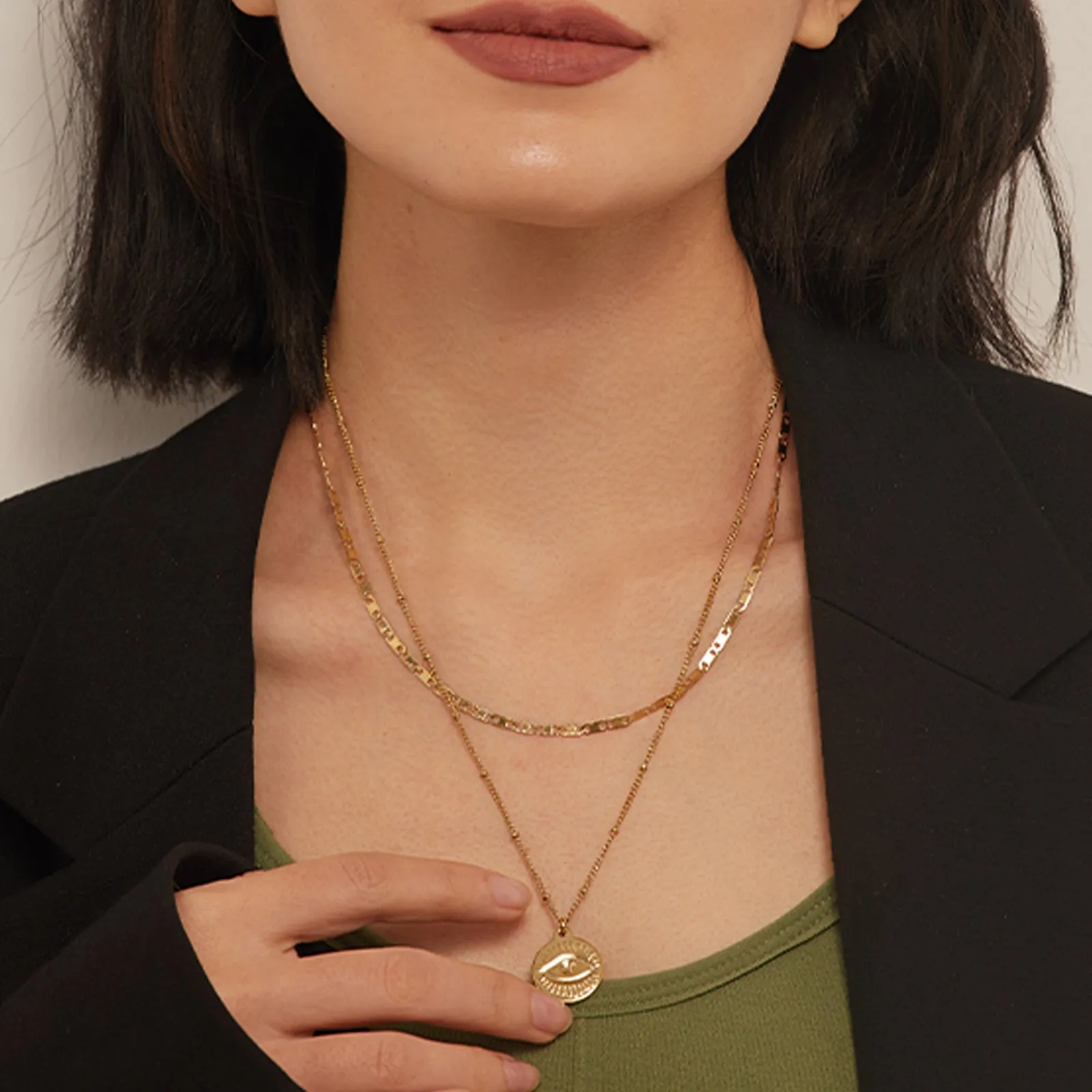 Gold Pendant Layered Chain Necklace
