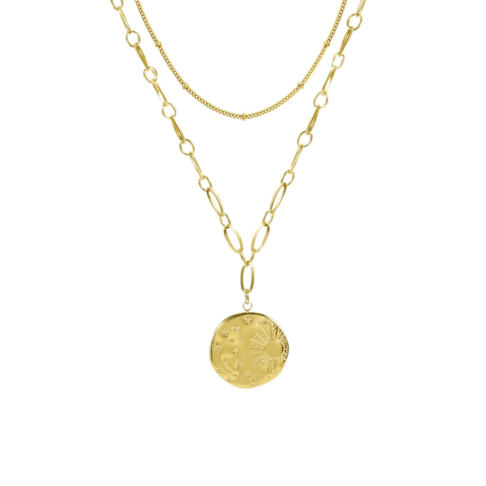 Gold Pendant Layered Chain Necklace