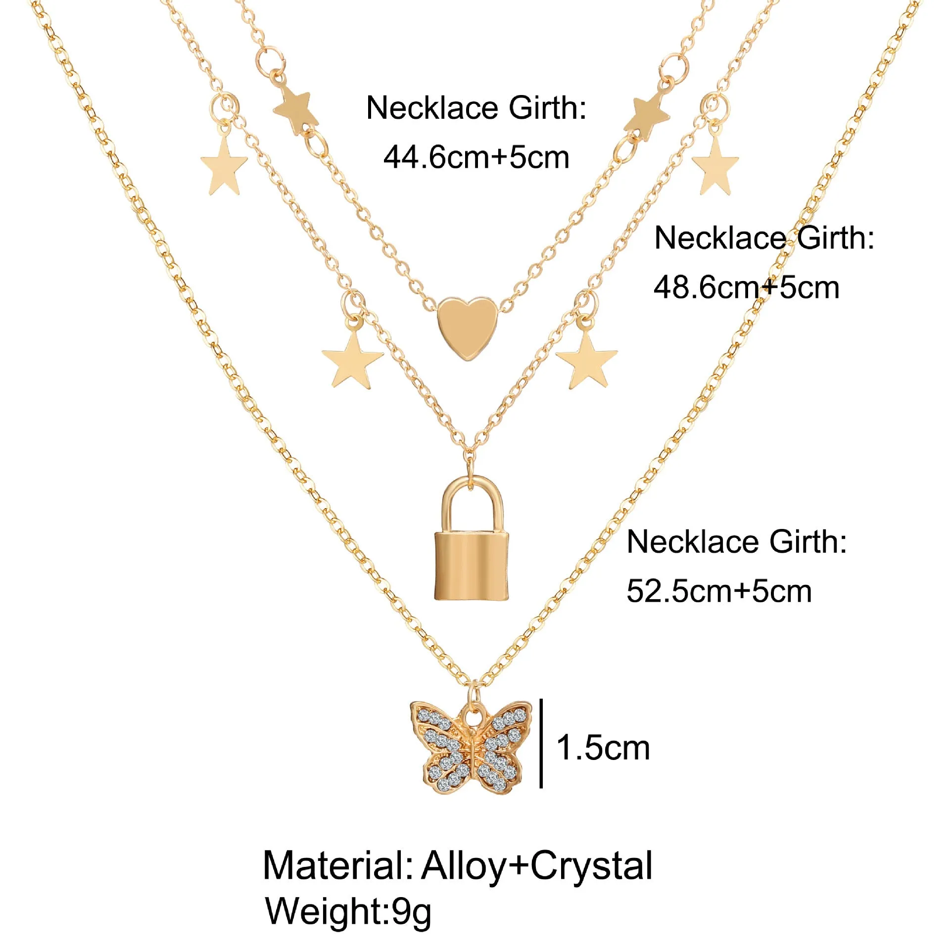 Gold Plated Triple Layered Butterfly Heart Necklace