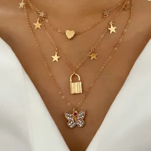 Gold Plated Triple Layered Butterfly Heart Necklace