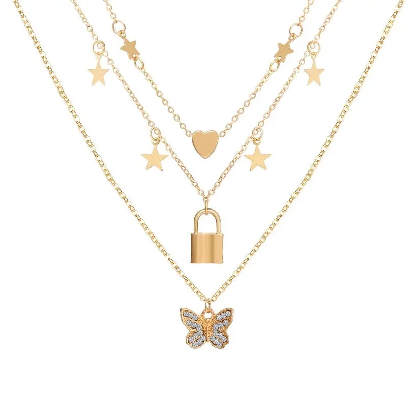 Gold Plated Triple Layered Butterfly Heart Necklace