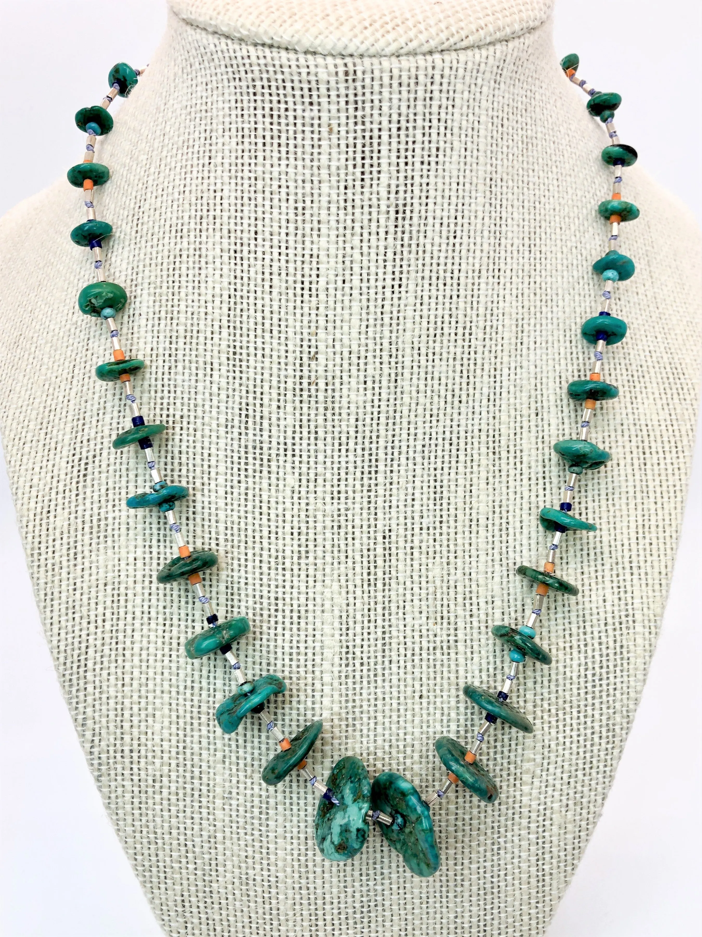 Graduated Size Turquoise Disc and Silver Necklace
