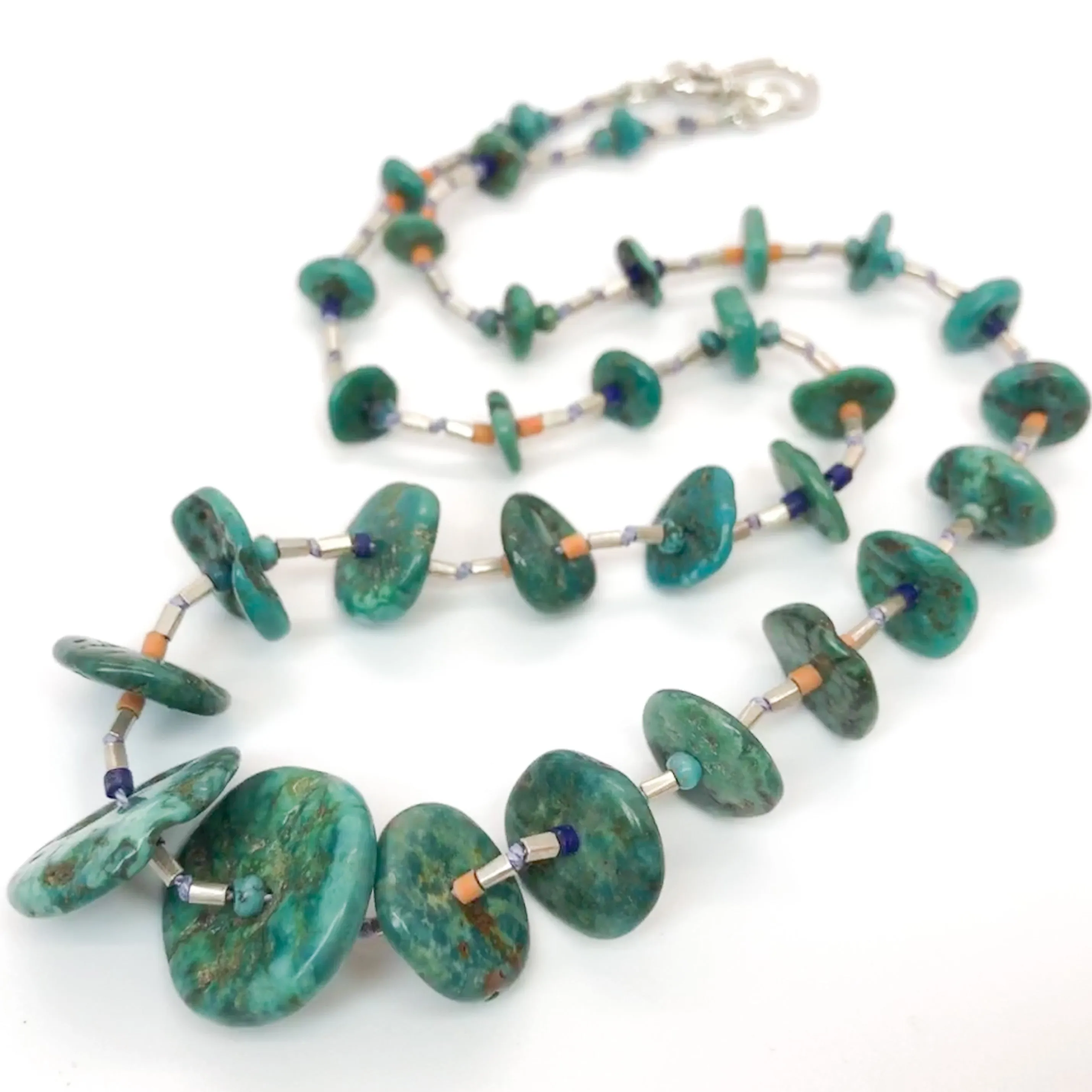 Graduated Size Turquoise Disc and Silver Necklace