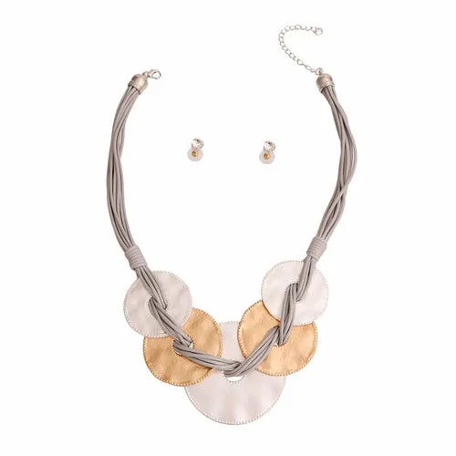 Gray Cord Metal Disc Necklace