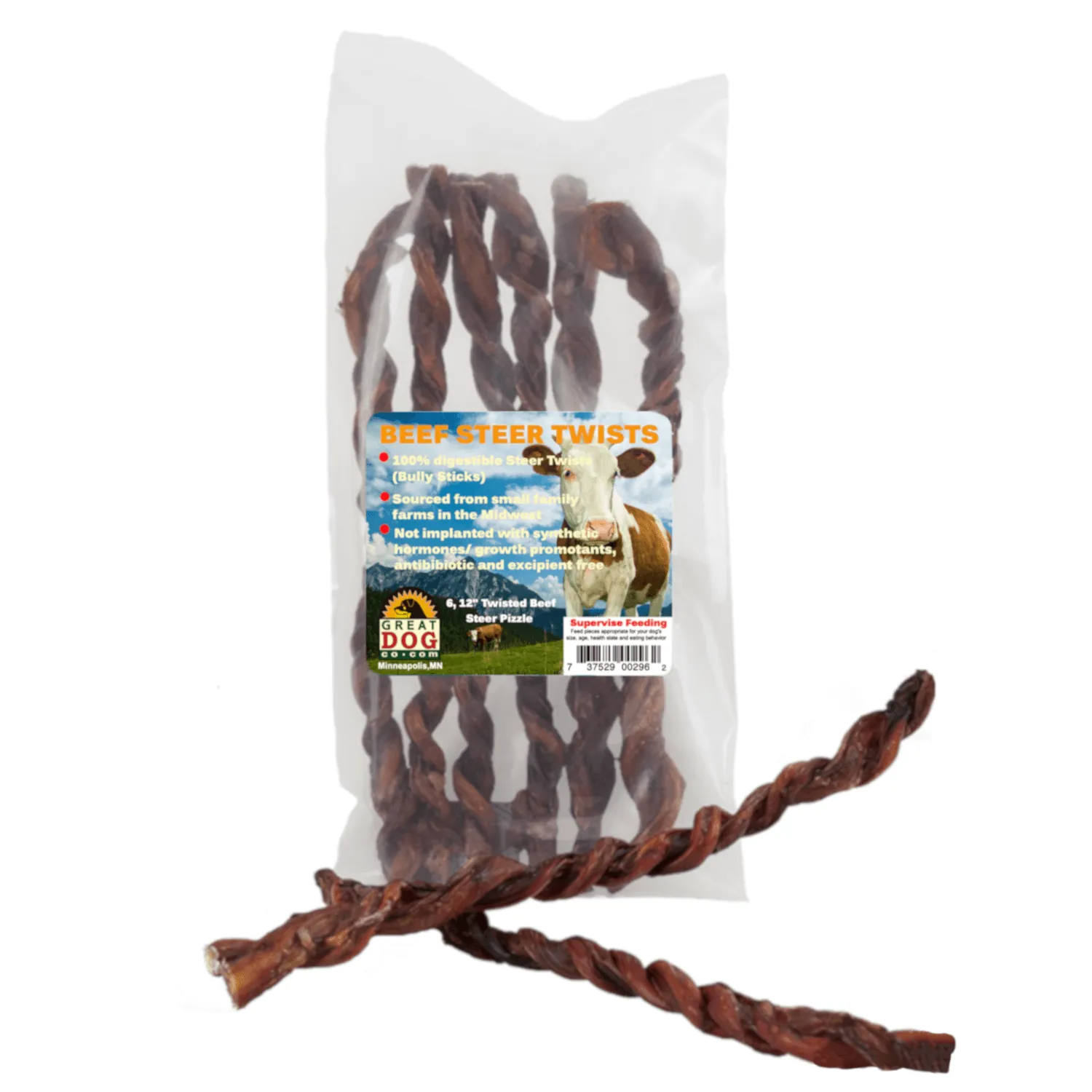 GREAT DOG Twisted Bully Sticks (Beef Steer Pizzle) 6, 12 Inch Twists - Sourced and Made in USA