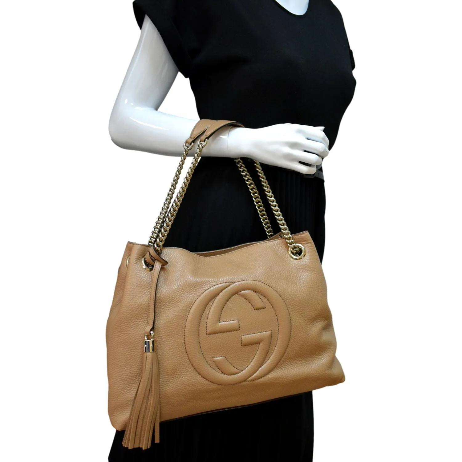 GUCCI Medium Soho Chain Pebbled Leather Tote Bag Beige 536196