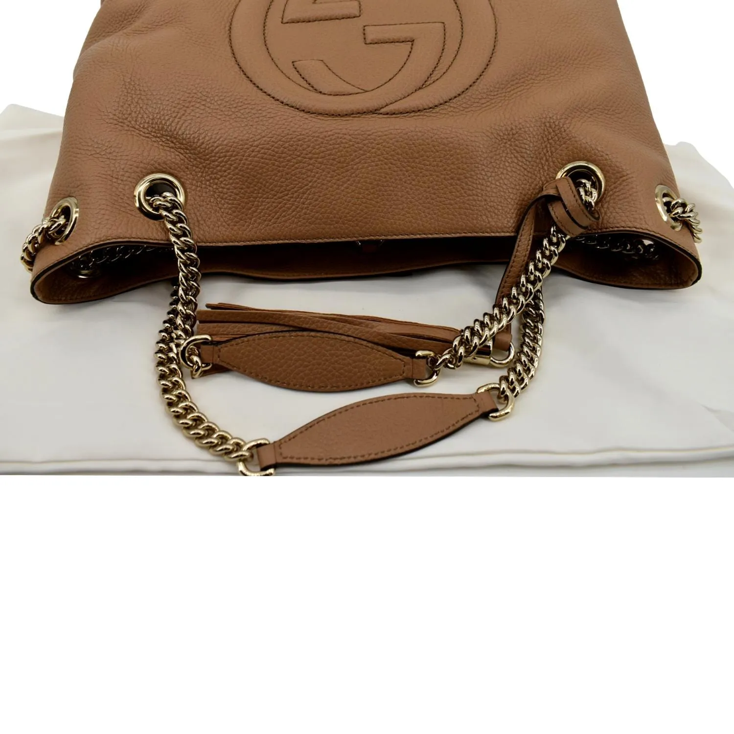 GUCCI Medium Soho Chain Pebbled Leather Tote Bag Beige 536196