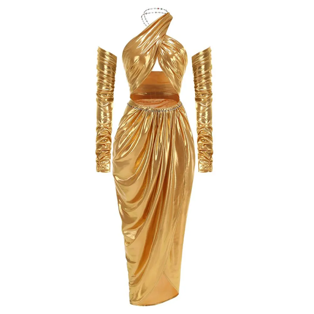 Halter Long Sleeve Detachable Sleeve Maxi Set ZNSBA1089