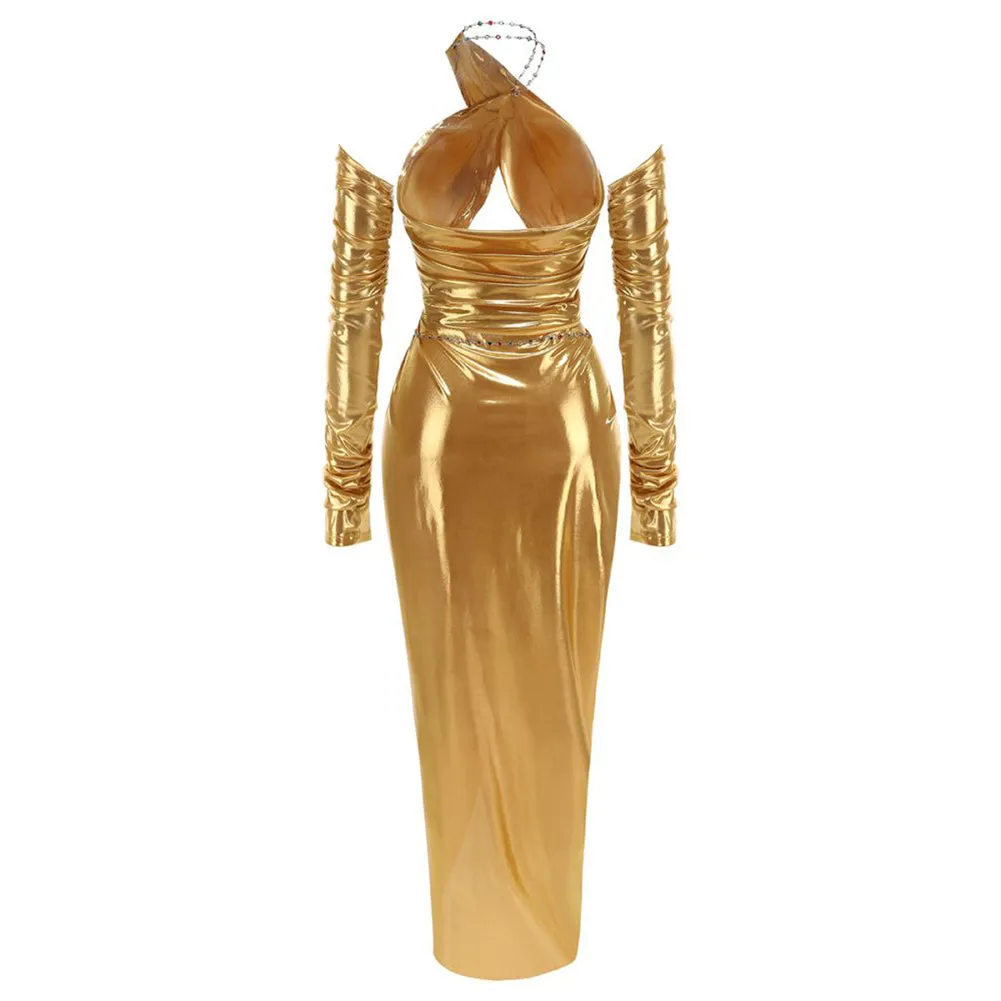 Halter Long Sleeve Detachable Sleeve Maxi Set ZNSBA1089
