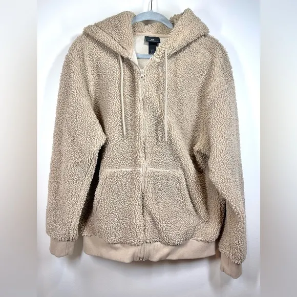 H&amp;M Women’s Hooded Teddy Sherpa Tan Nude Jacket Size Medium