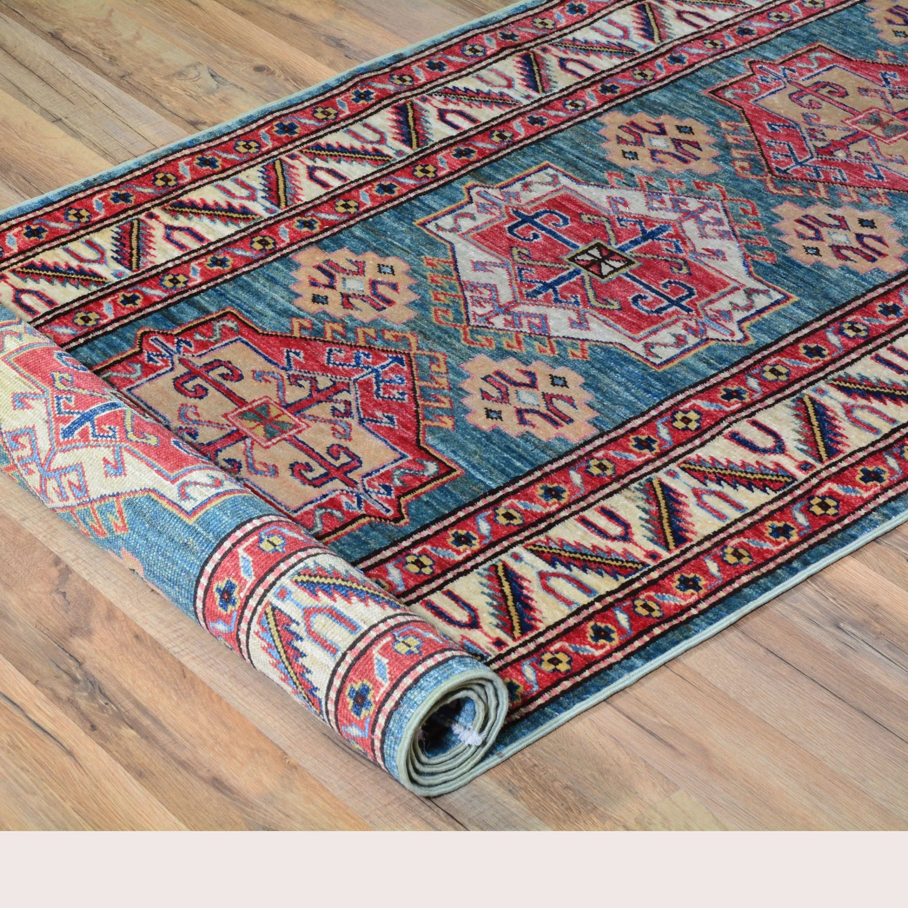 Hand-Knotted Fine Super Kazak Rug Geometric Design 100% Wool (Size 2.9 X 10.0) Brrsf-207