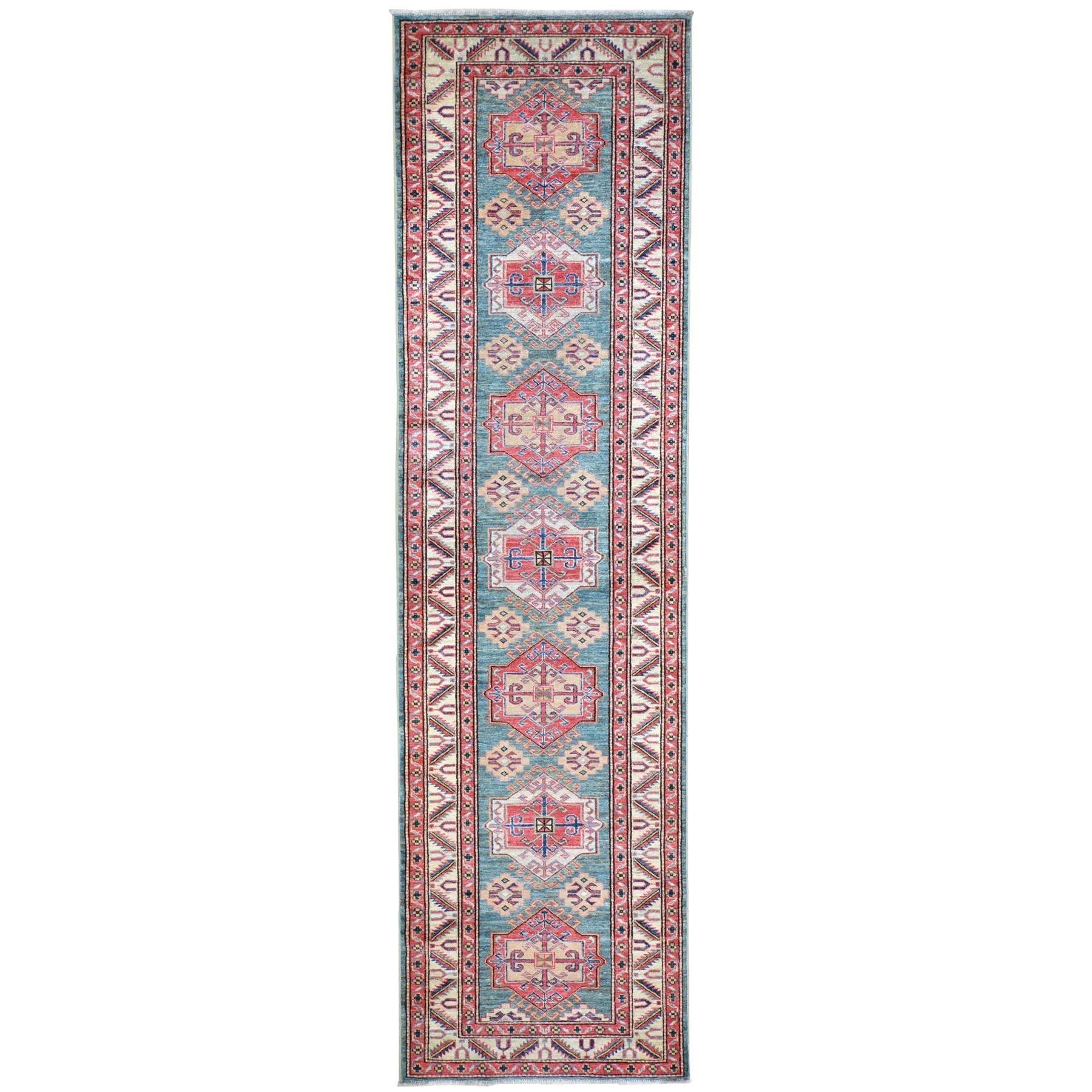 Hand-Knotted Fine Super Kazak Rug Geometric Design 100% Wool (Size 2.9 X 10.0) Brrsf-207