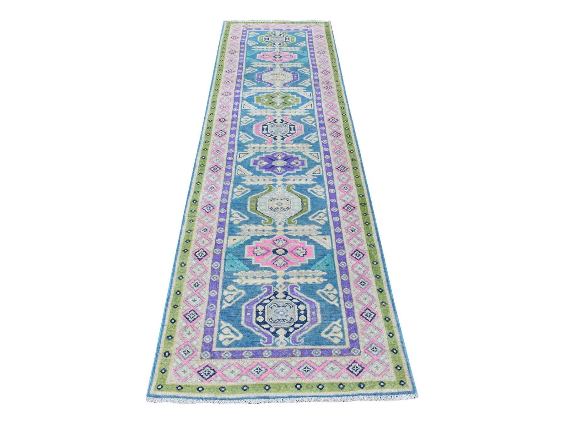 Hand-Knotted Handmade Colorful Geometric Design Wool Rug (Size 2.7 X 9.5) Cwral-7404