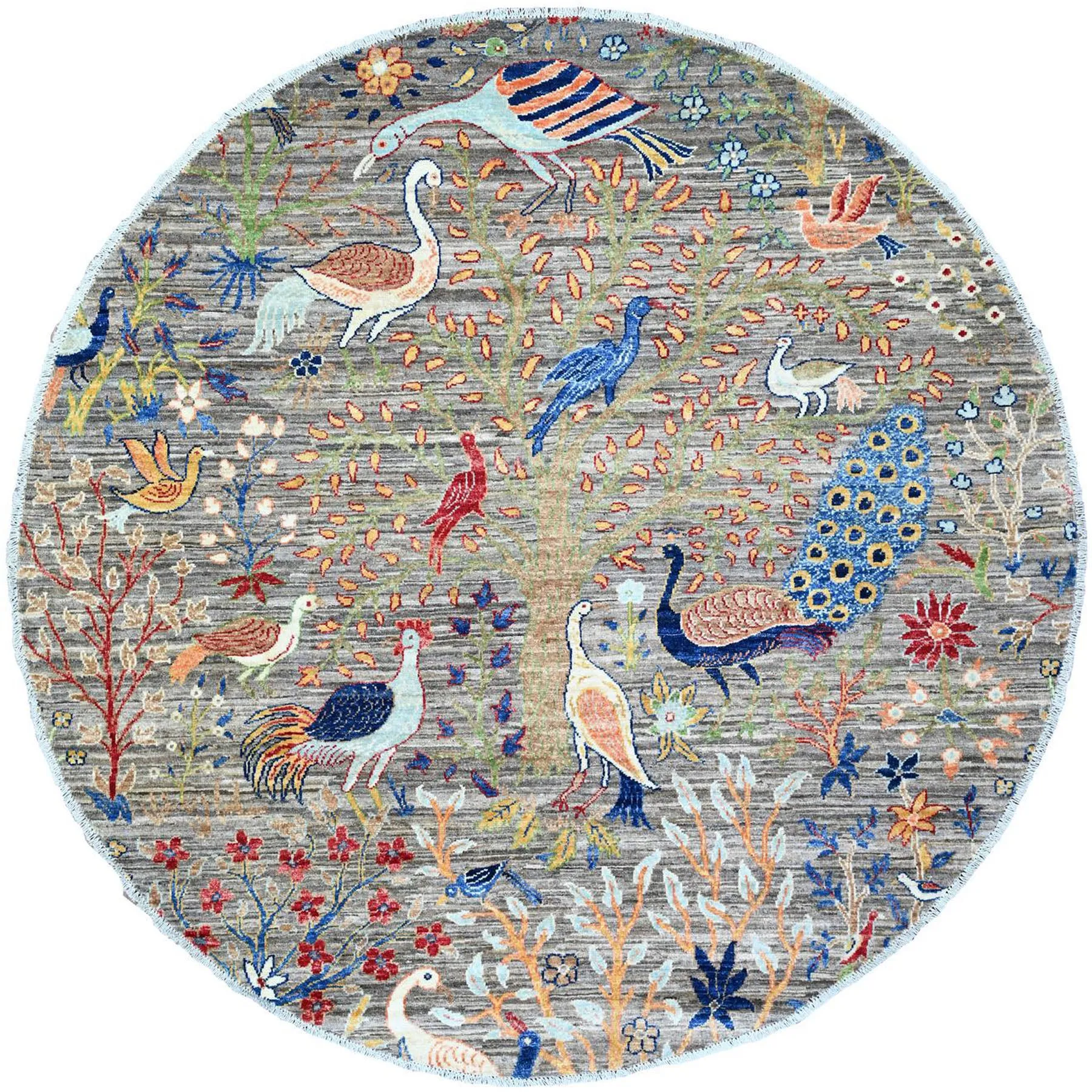 Hand-Knotted Paradise Birds Design Round Handmade Wool  Rug (Size 5.10 X 5.11) Cwral-11067
