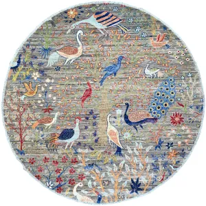 Hand-Knotted Paradise Birds Design Round Handmade Wool  Rug (Size 5.10 X 5.11) Cwral-11067