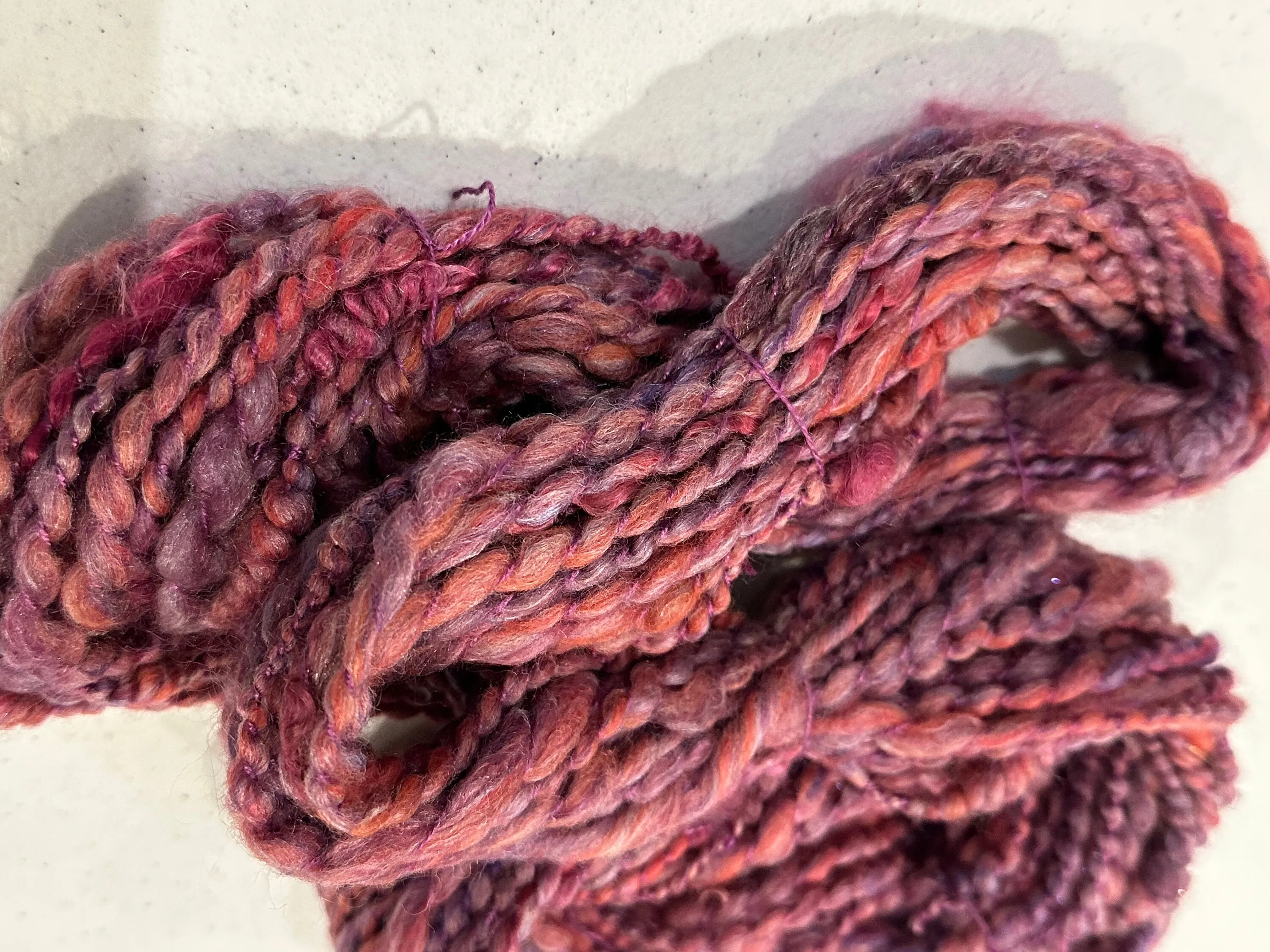Hand spun merino silk knitting yarn, pink purple yarn, 48 yards, hand dyed