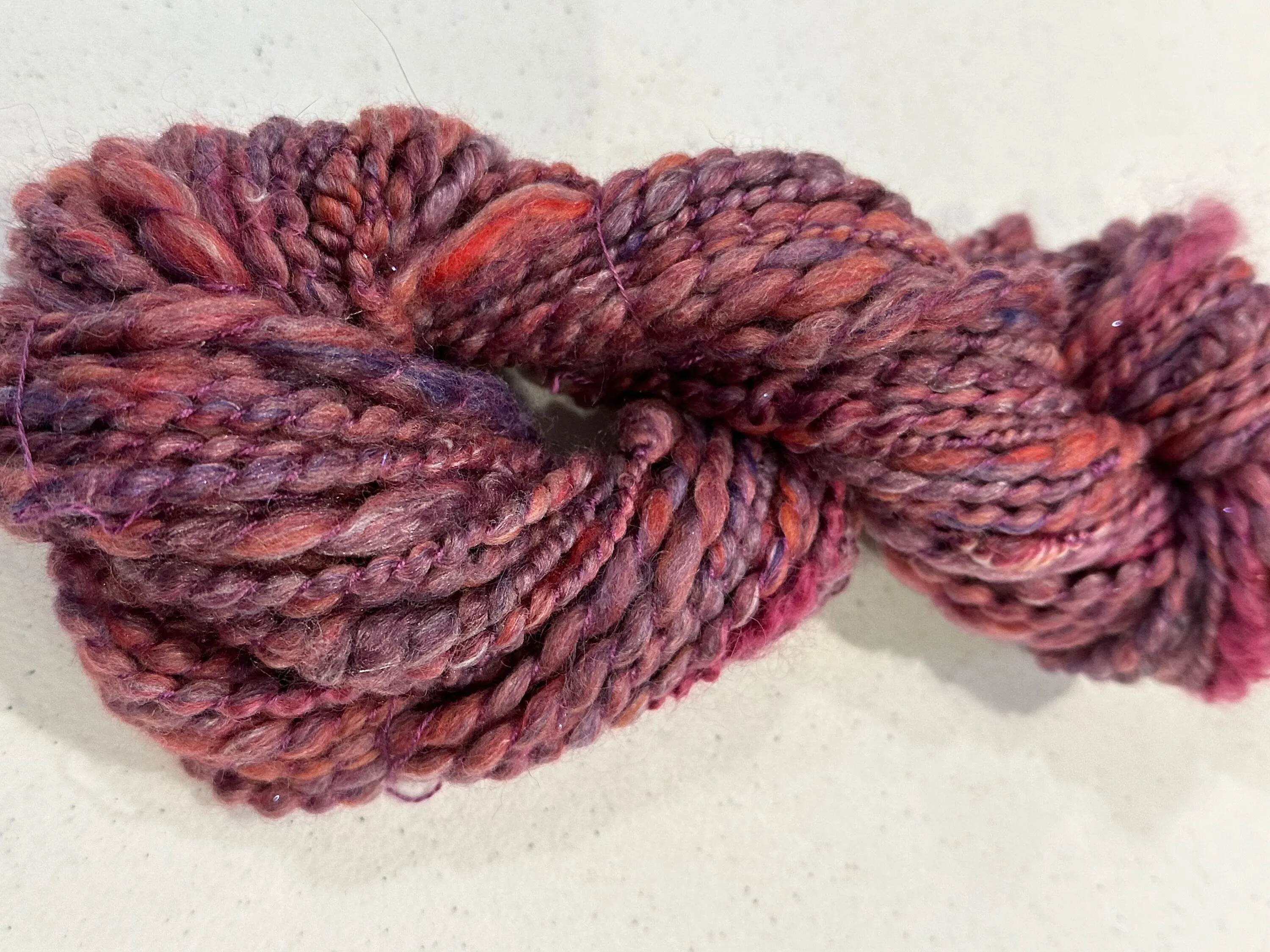 Hand spun merino silk knitting yarn, pink purple yarn, 48 yards, hand dyed
