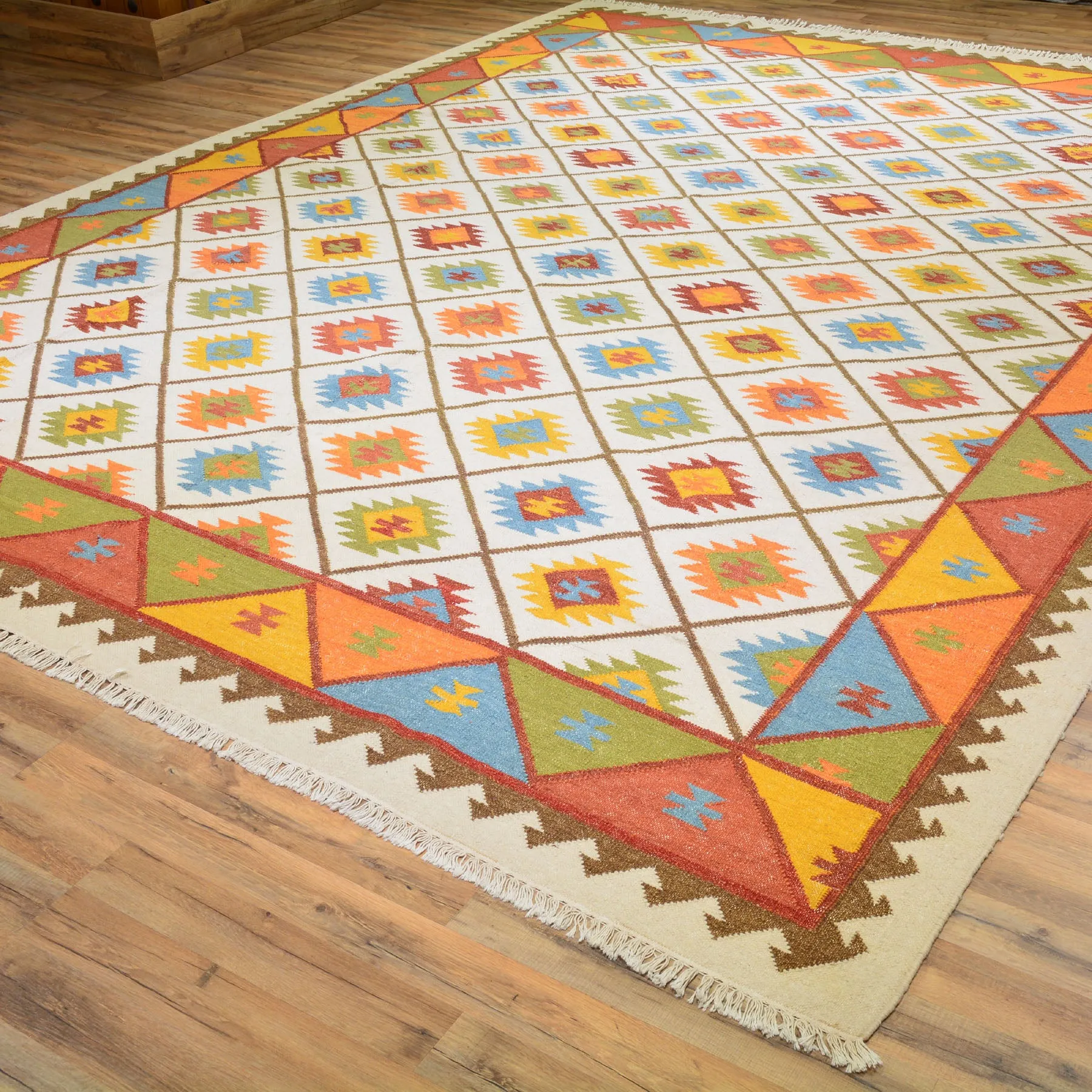 Hand-Woven Indian Durrie Kilim Reversible Wool Rug (Size 10.4 X 13.8) Brrsf-585