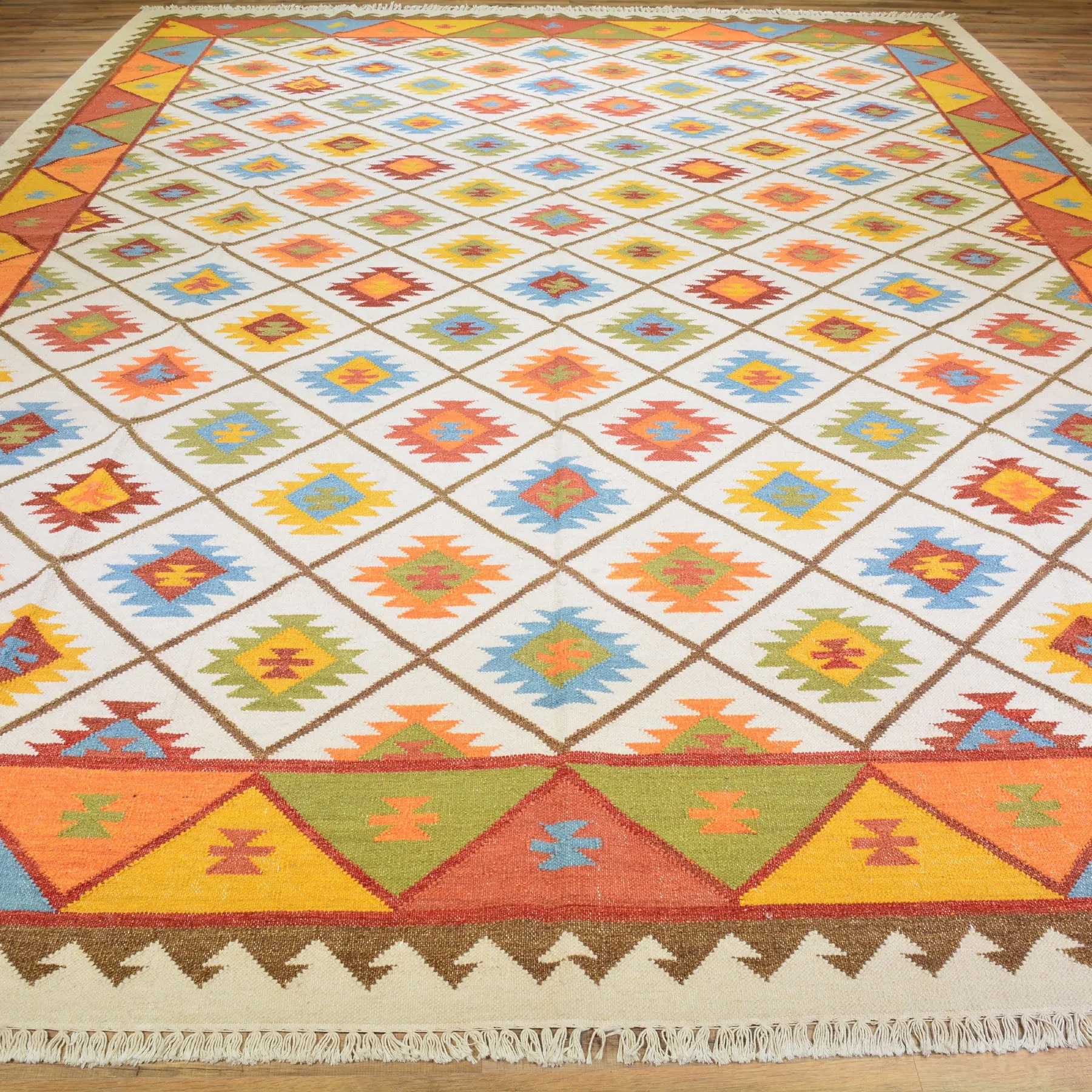 Hand-Woven Indian Durrie Kilim Reversible Wool Rug (Size 10.4 X 13.8) Brrsf-585