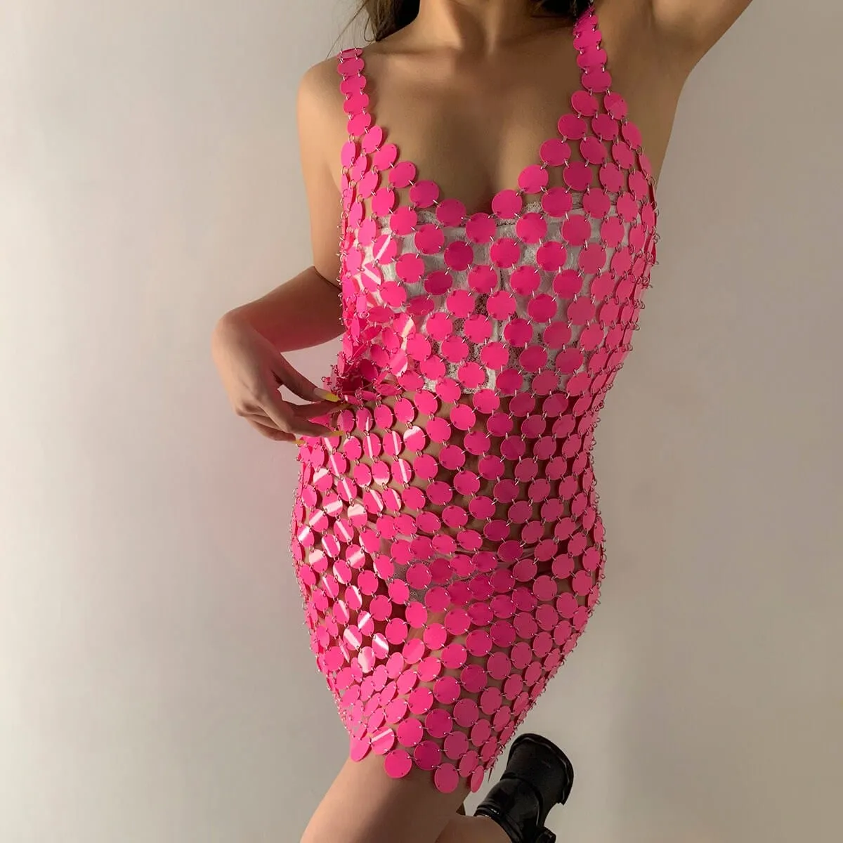 Handmade Colorful Squamous Sequins Patchwork Rave Party Mini Dress