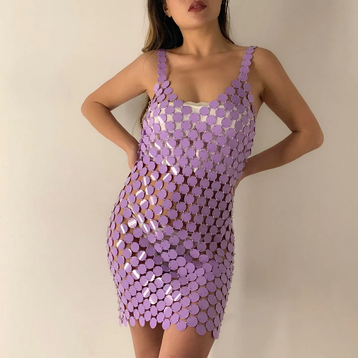 Handmade Colorful Squamous Sequins Patchwork Rave Party Mini Dress