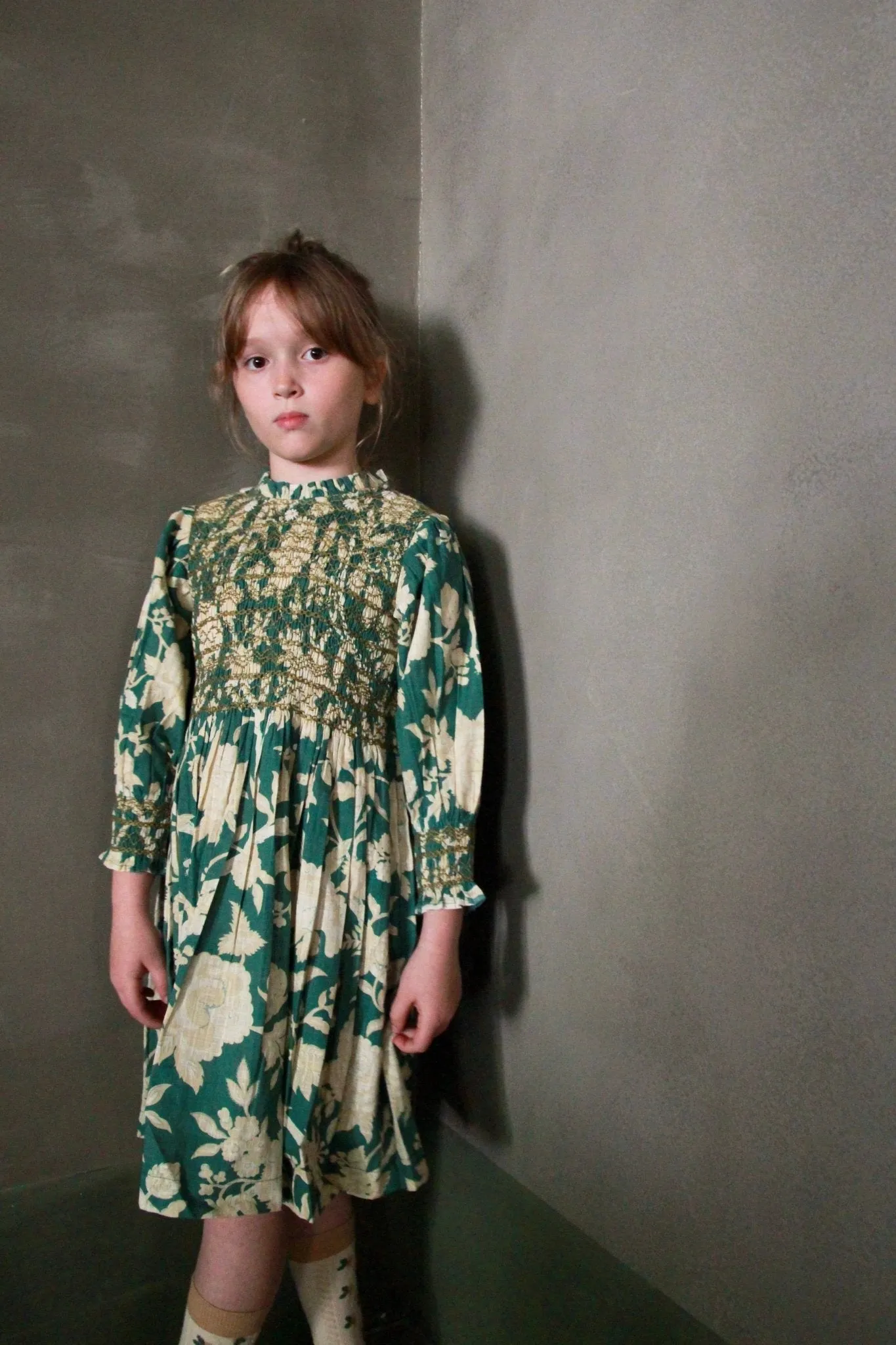 Handsmock Dress in Autumnal Green by Bonjour