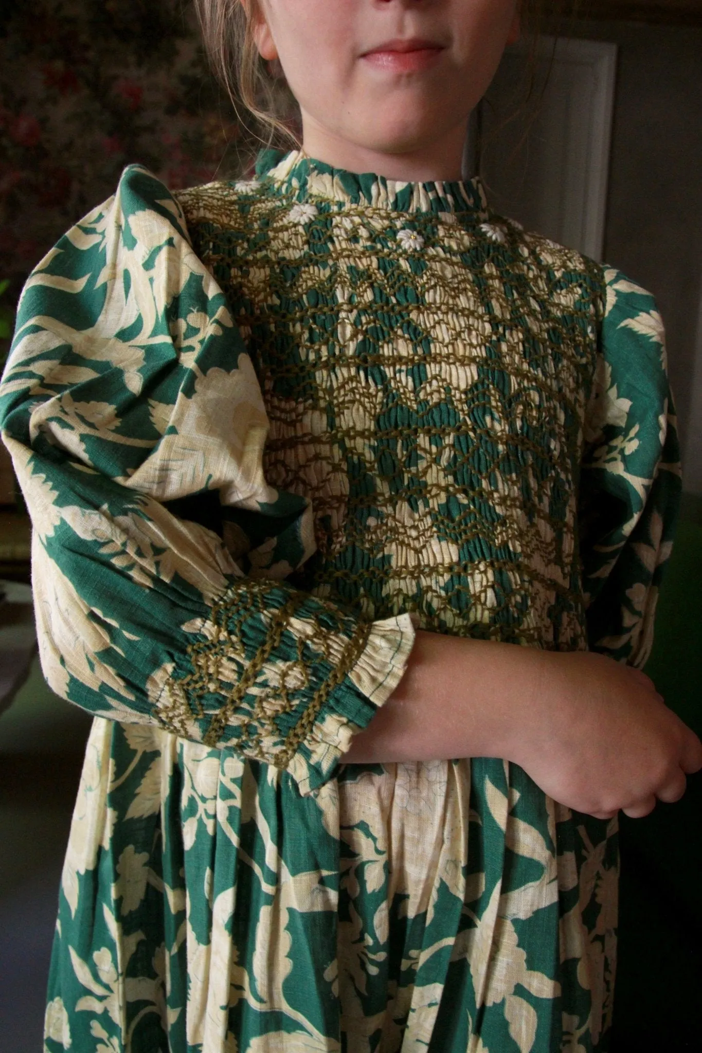 Handsmock Dress in Autumnal Green by Bonjour