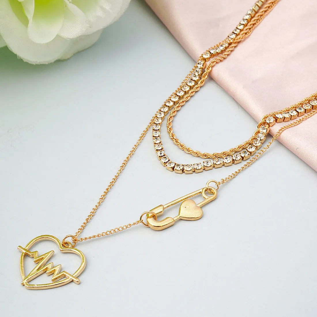Heart Safety Pin Layered Necklace