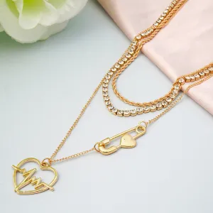 Heart Safety Pin Layered Necklace